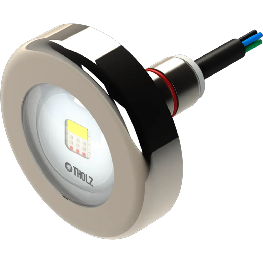 Refletor LED Tholz de aço inox com lente transparente, conector traseiro e cabos de alimentação expostos.