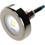 Refletor LED Tholz de aço inox com lente transparente, conector traseiro e cabos de alimentação expostos.