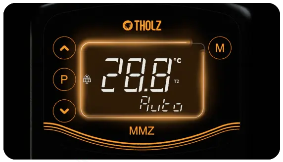 Display iluminado do controlador MMZ Tholz mostrando temperatura de 28,8 °C no modo automático.