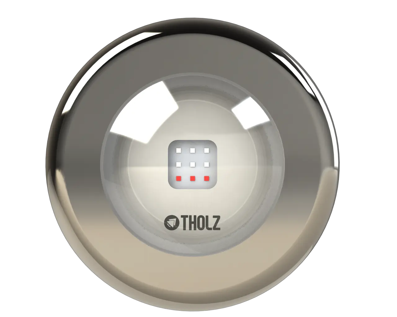 Refletor LED Tholz de aço inox para piscinas, com design circular e acabamento espelhado.