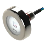 Refletor LED Tholz de aço inox com lente transparente, conector traseiro e cabos de alimentação expostos.