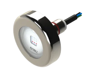 Refletor LED Tholz de aço inox com lente transparente, conector traseiro e cabos de alimentação expostos.