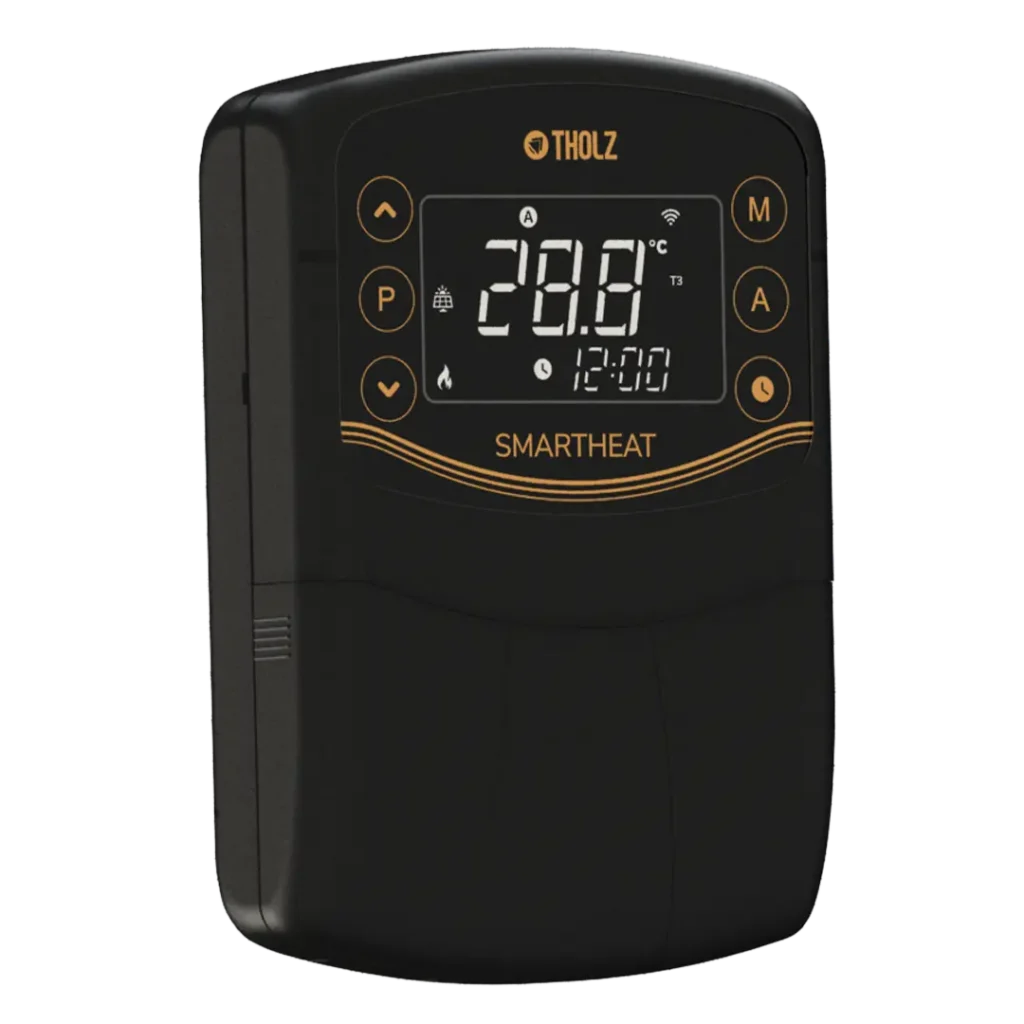 Controlador digital SmartHeat de Tholz con pantalla LED que muestra una temperatura de 28,8 °C, hora y botones de control.