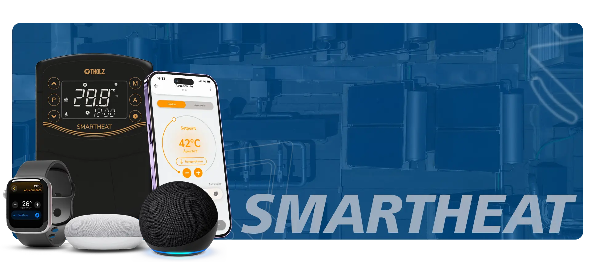 Controlador SmartHeat de Tholz con integración a app móvil, smartwatch y asistentes de voz para calefacción de piscinas y residencias.