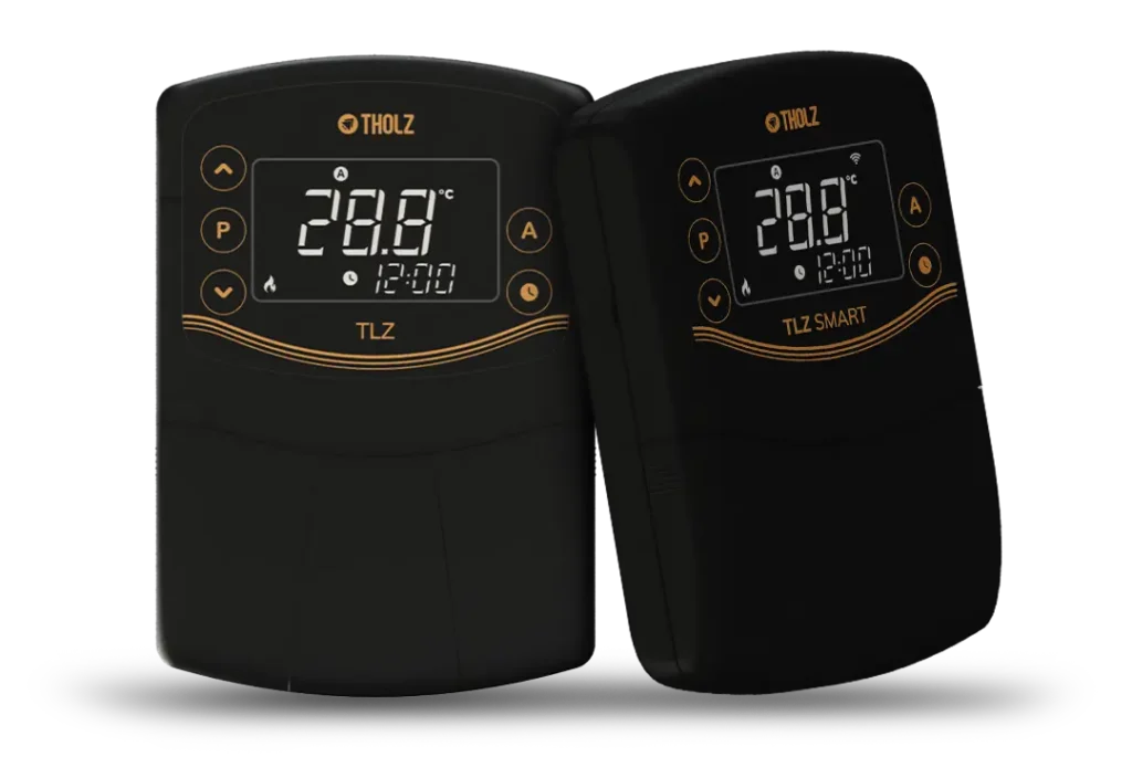 Controladores TLZ e TLZ Smart da Tholz, dispositivos digitais de aquecimento com display LED e design moderno.