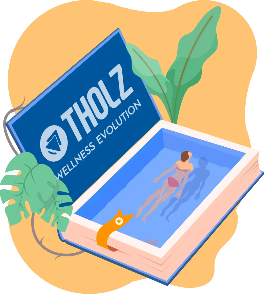 Conteúdos: Ilustração conceitual de um livro aberto com o logo Tholz Wellness Evolution, representando uma piscina vista de cima com uma pessoa relaxando na água, associada a bem-estar e tecnologia.