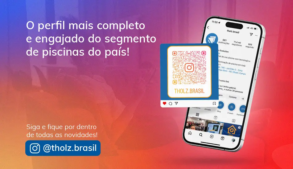 Perfil do Instagram da Tholz com conteúdos sobre tecnologia, automação, aquecimento e iluminação para piscinas.