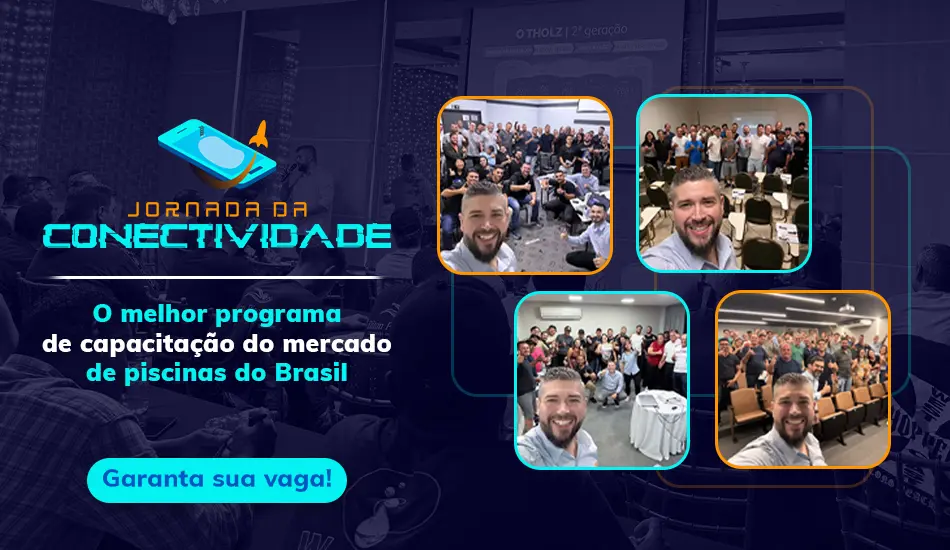 Arte promocional da Jornada da Conectividade Tholz com fotos de eventos presenciais, mostrando participantes em treinamentos e palestras sobre tecnologia para piscinas.