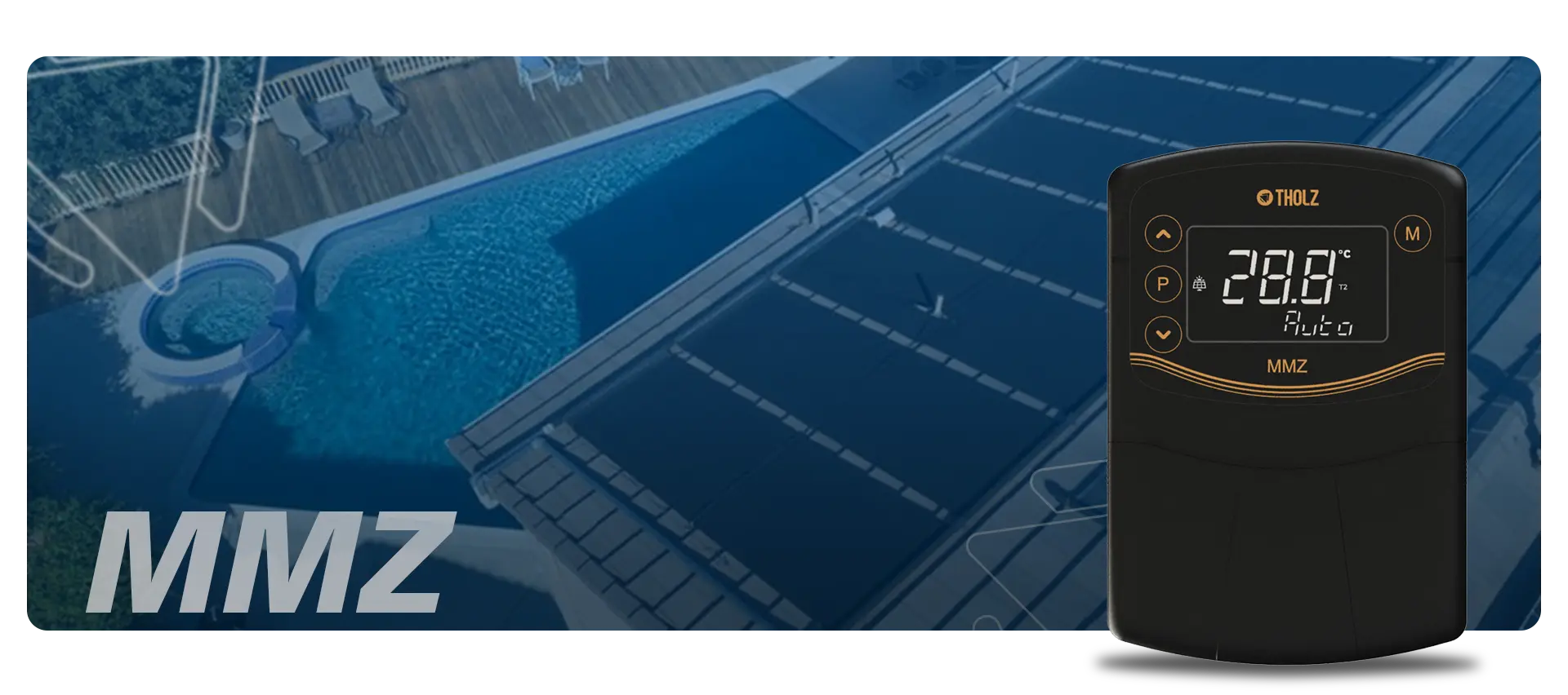 Controlador MMZ de Tholz para calefacción solar de piscinas, mostrado junto a una piscina con paneles solares.
