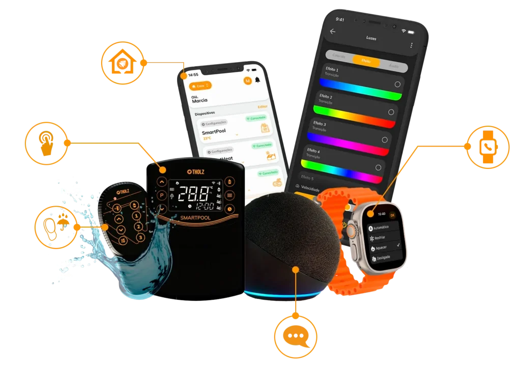 Sistema SmartPool da Tholz com módulo de comando, controle remoto à prova d’água, app Tholz Casa Inteligente, comando de voz e integração com Apple Watch.