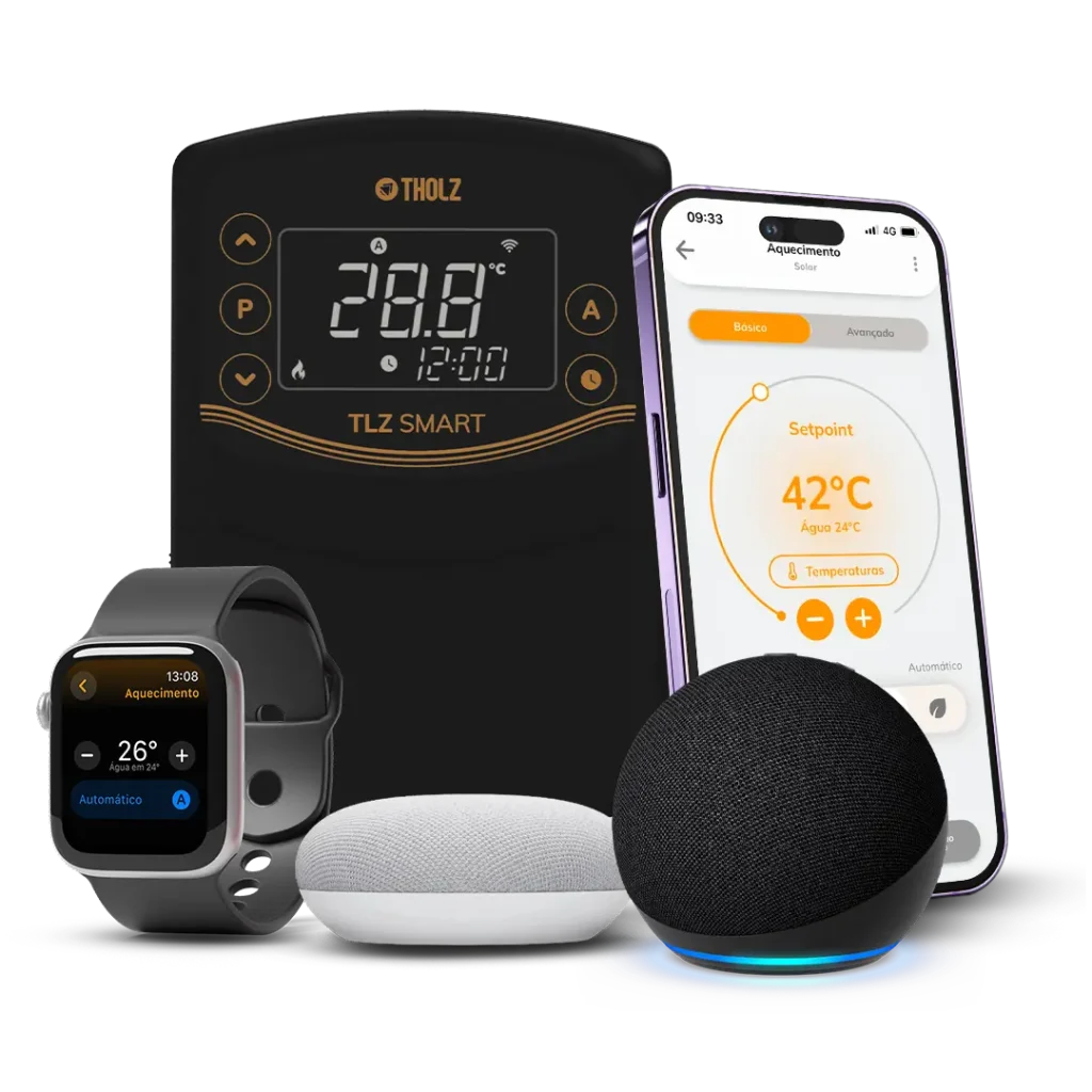 Controlador TLZ Smart da Tholz com integração via app, smartwatch e assistentes de voz para controle inteligente de aquecimento.