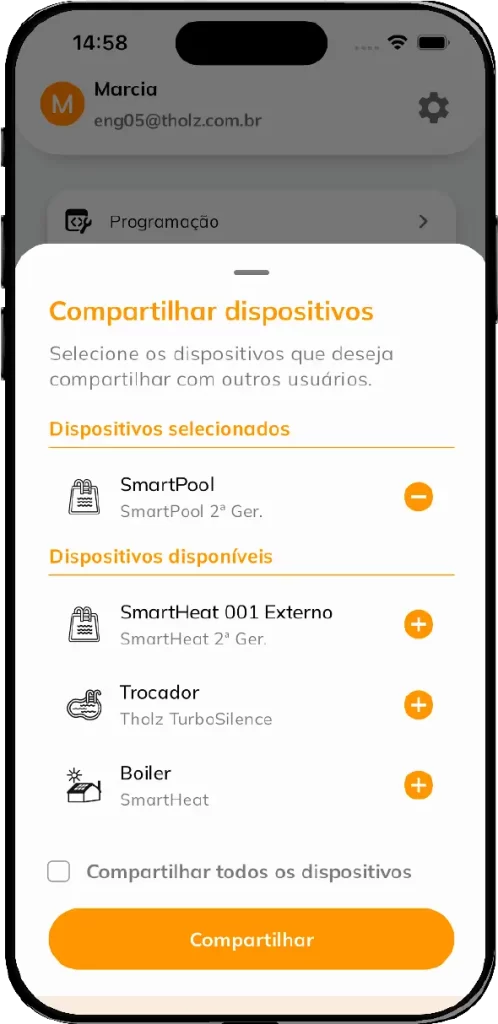 Pantalla de la app Tholz Casa Inteligente mostrando la función para compartir dispositivos con otros usuarios.