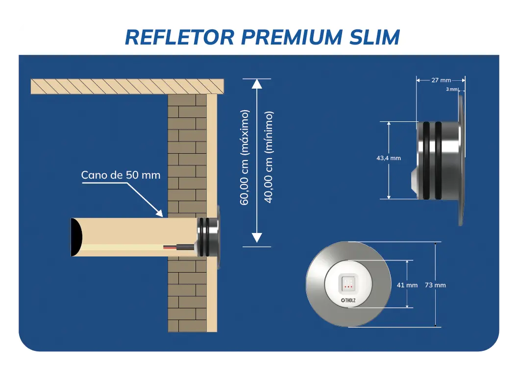 Diagrama técnico do refletor LED Tholz Premium Slim com medidas detalhadas de instalação e dimensões físicas.