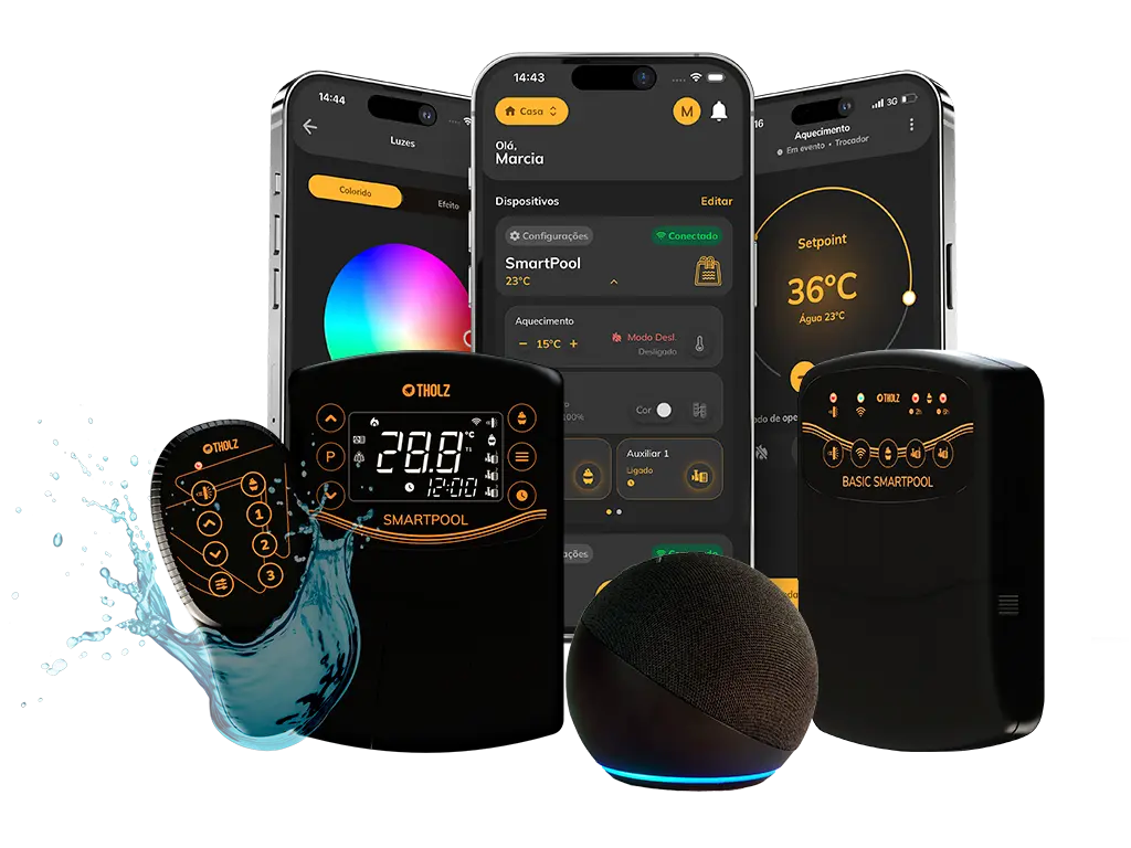 Linha de produtos Tholz para automação de piscinas, incluindo módulos SmartPool, controle remoto, comando por voz e aplicativo móvel.