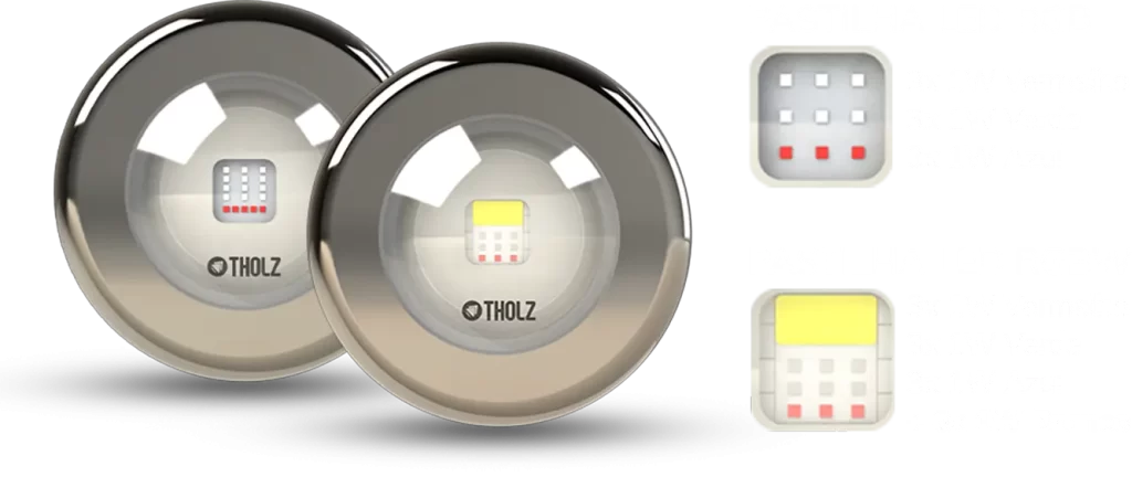 Refletores RGBW e RGB da Tholz para piscina, comparando iluminação com branco verdadeiro e iluminação colorida.