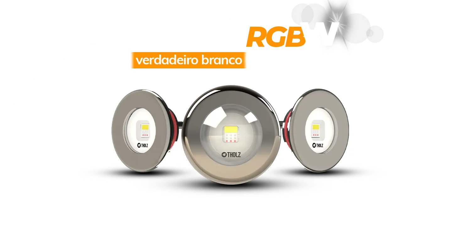 Refletor RGBW para piscina Tholz com branco verdadeiro, proporcionando iluminação intensa e fiel na cor branca.