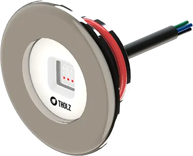 Refletor LED Tholz Slim em aço inox, com corpo plano e acabamento polido, ideal para piscinas.