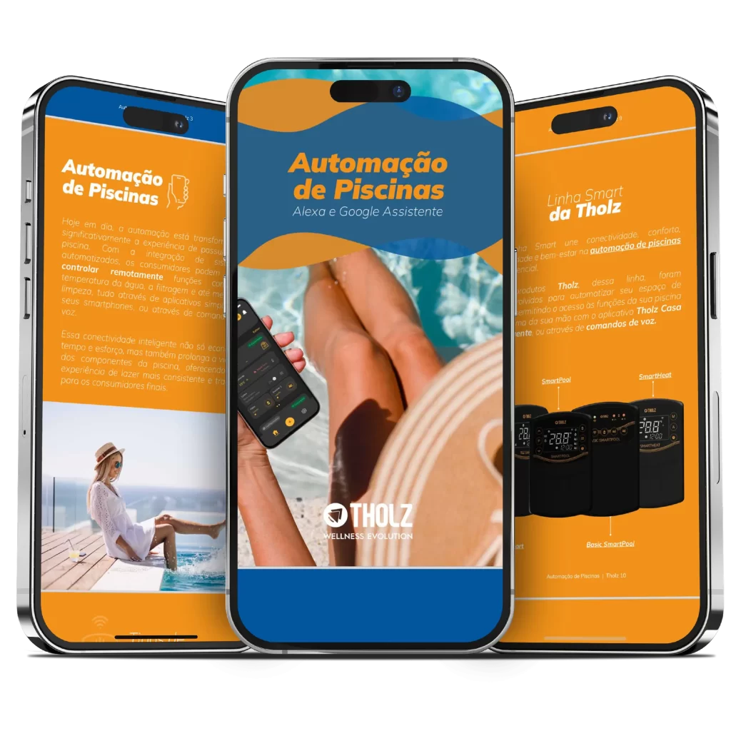 Mockup de três smartphones exibindo páginas do eBook “Automação de Piscinas – Alexa e Google Assistente”, da Tholz.
