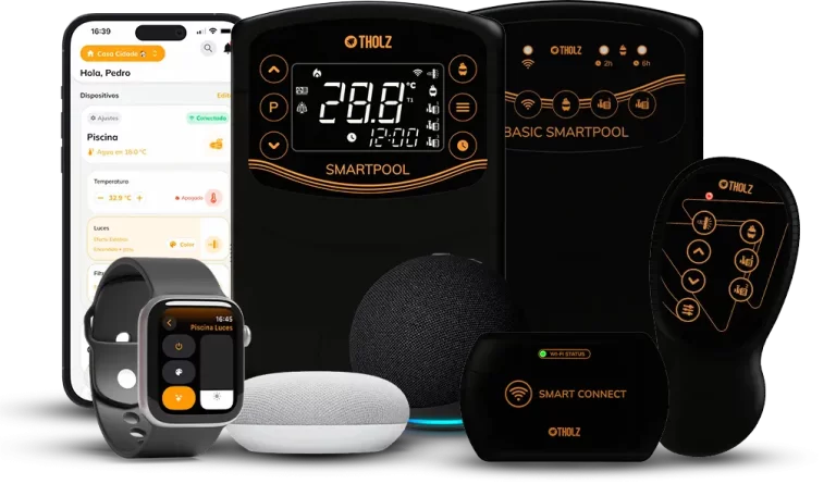 Ecosistema de dispositivos inteligentes Tholz, que incluye controladores SmartPool, Basic SmartPool, Smart Connect, control remoto, smartwatch, smartphone y asistentes de voz.