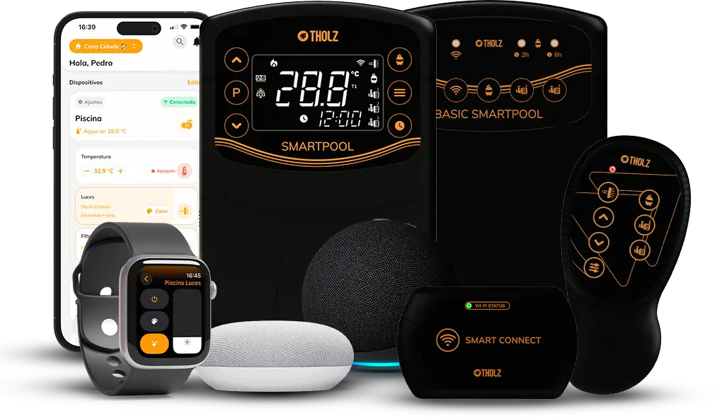Ecosistema de dispositivos inteligentes Tholz, que incluye controladores SmartPool, Basic SmartPool, Smart Connect, control remoto, smartwatch, smartphone y asistentes de voz.