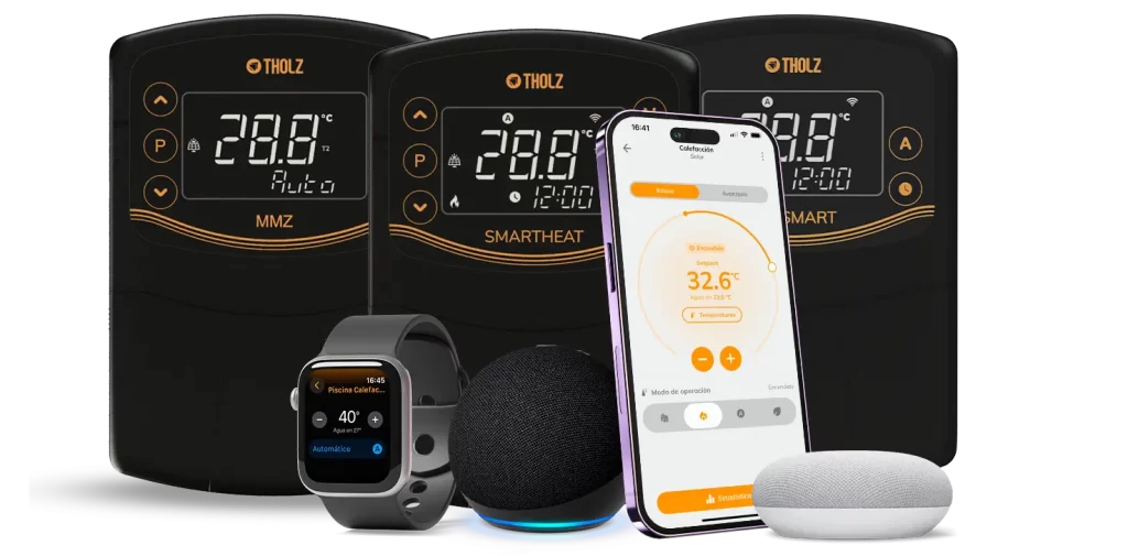 Controlador de calefacción Tholz para residencias y piscinas, con display digital y botones de ajuste.