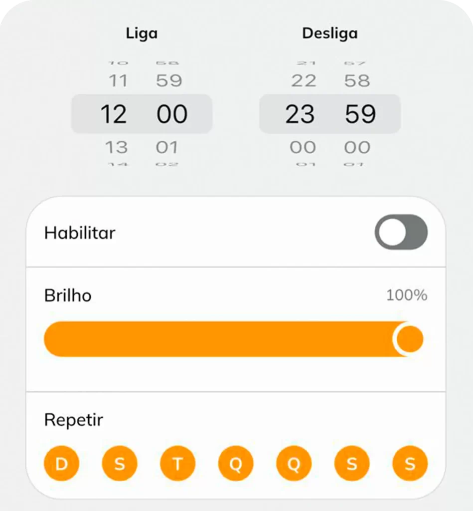 Interface de agendamento de iluminação inteligente com controle de hora, brilho e repetição semanal.
