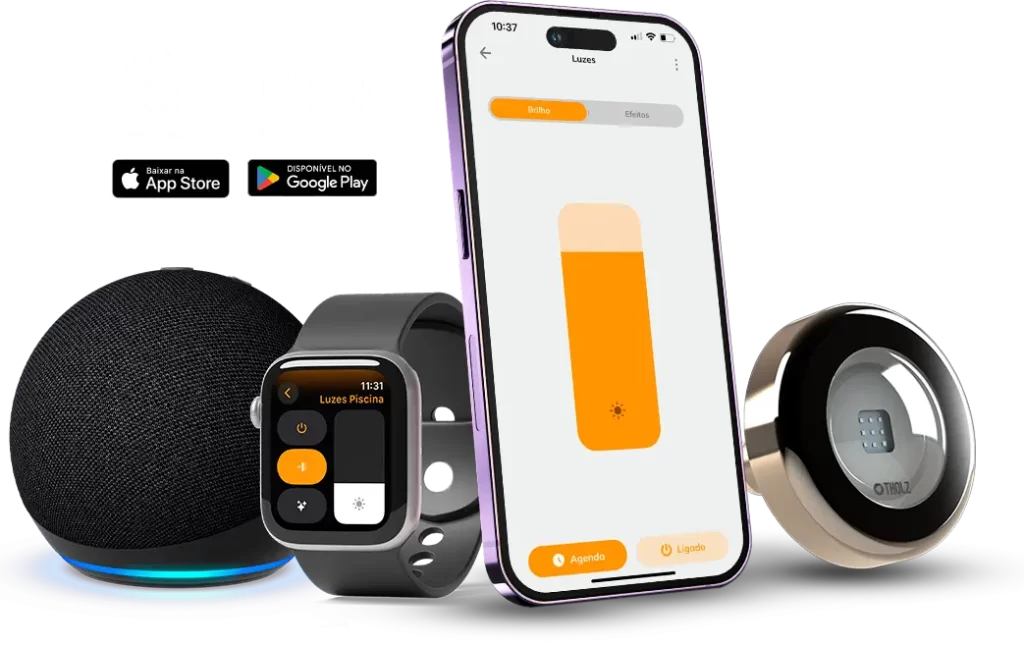 Automação de iluminação de piscina Tholz controlada por aplicativo móvel, smartwatch e assistente de voz.