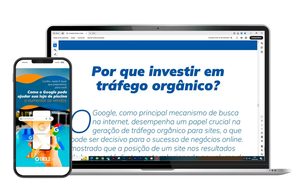 Mockup exibindo um smartphone e um notebook com o eBook da Tholz sobre tráfego orgânico e como o Google pode ajudar lojas de piscina a vender mais.