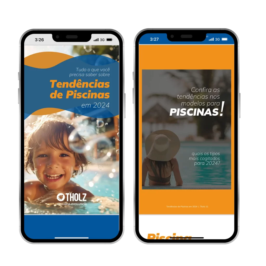 Mockup de dois smartphones exibindo páginas do eBook da Tholz “Tendências de Piscinas em 2024”, com uma capa mostrando uma criança sorrindo na piscina e outra página com uma mulher à beira da água destacando tendências de modelos de piscinas.