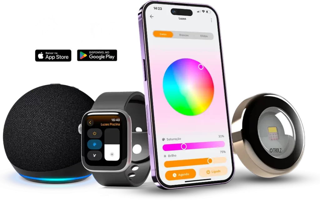 Iluminação inteligente RGBW para piscina Tholz com controle por aplicativo e interface responsiva em dispositivos móveis.
