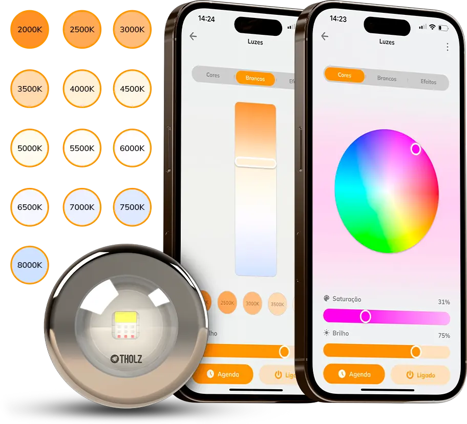 Iluminação inteligente RGBW para piscina Tholz destacando saturação de cores e branco verdadeiro com alta intensidade luminosa.