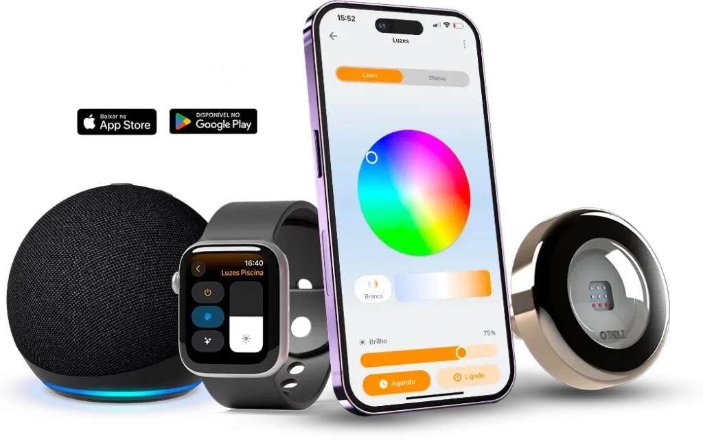 Iluminação inteligente RGB para piscina Tholz com controle por aplicativo, exibindo cores dinâmicas e uso responsivo em dispositivos móveis.