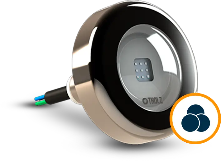 Refletor LED Tholz monocromático, com acabamento em inox e borda preta, ideal para iluminação subaquática de piscinas.