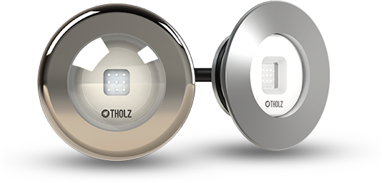 Dois refletores LED Tholz em aço inox, com design circular e acabamento espelhado, conectados por cabo.