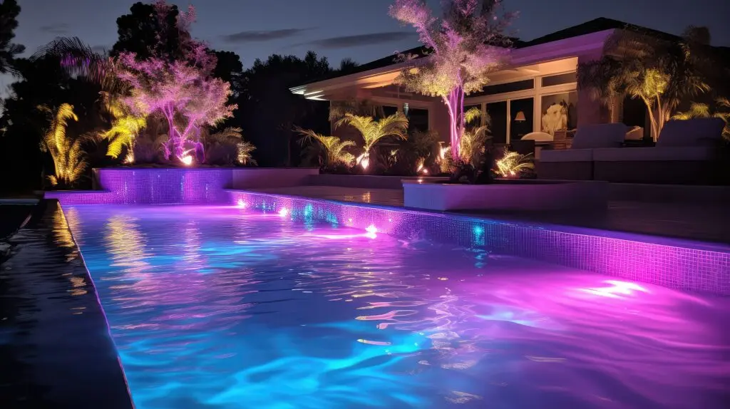 LED para piscinas de fibra colorido iluminando piscina à noite