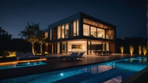 Casa moderna de dois andares com iluminação externa e piscina iluminada à noite, criando um ambiente sofisticado e aconchegante.