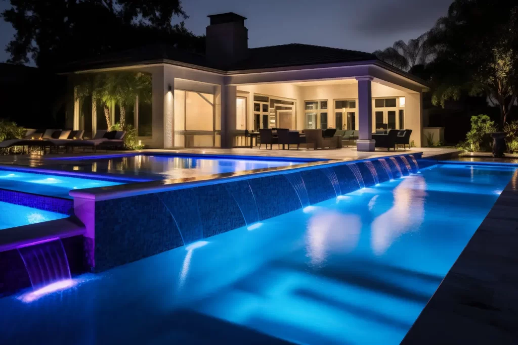 casa com piscina iluminada