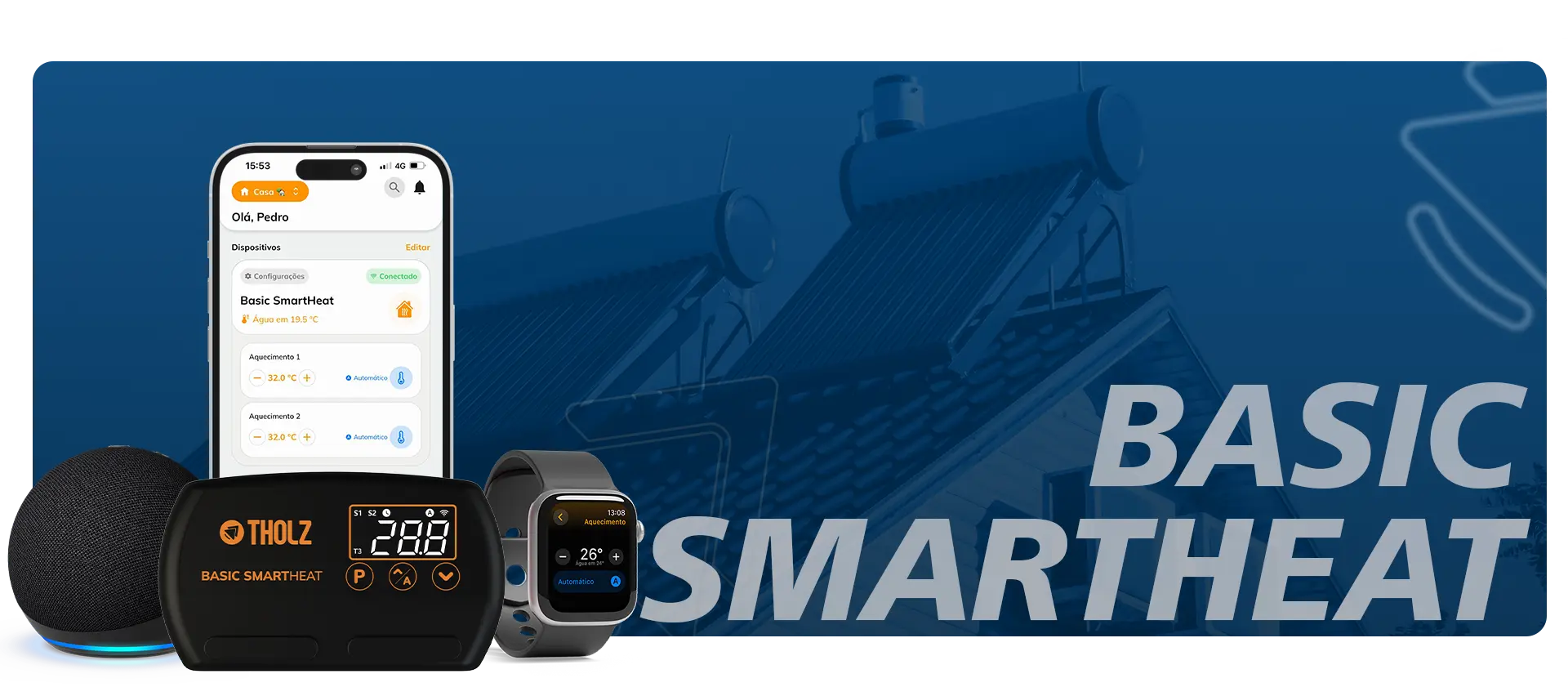 Controlador Basic SmartHeat de Tholz con app móvil, smartwatch y asistentes de voz para calefacción solar y eléctrica.