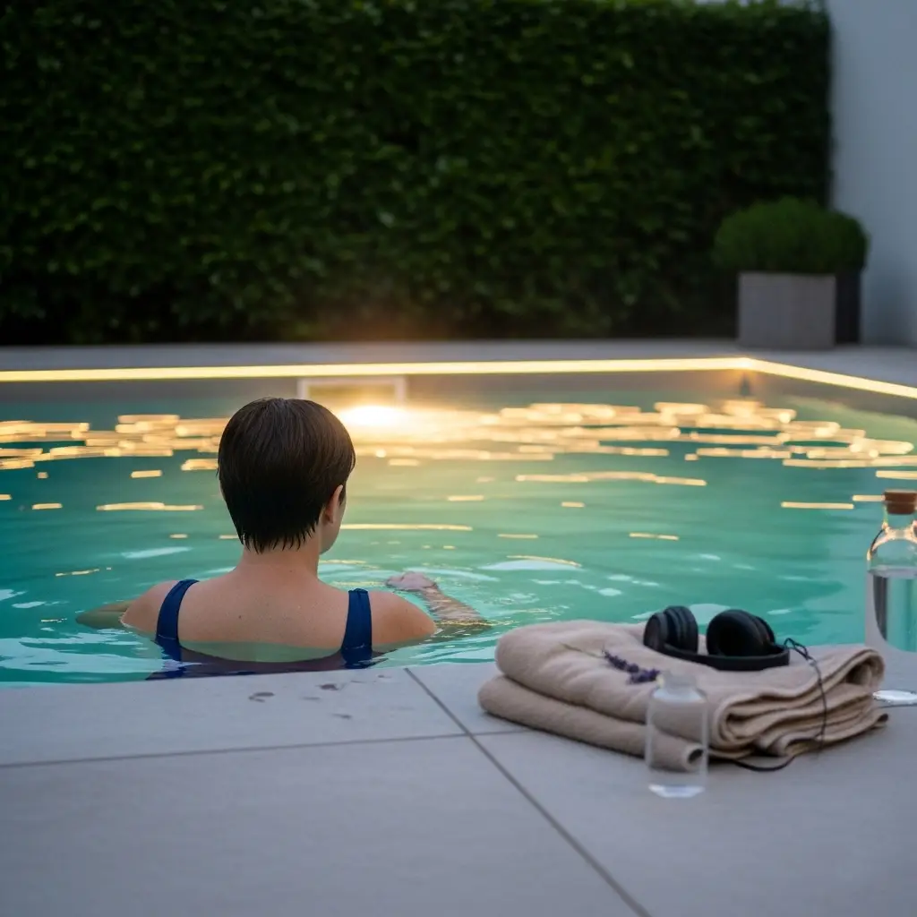 Cena de hidroterapia pessoal com mulher relaxando em piscina retangular iluminada, aproveitando a água morna ao entardecer