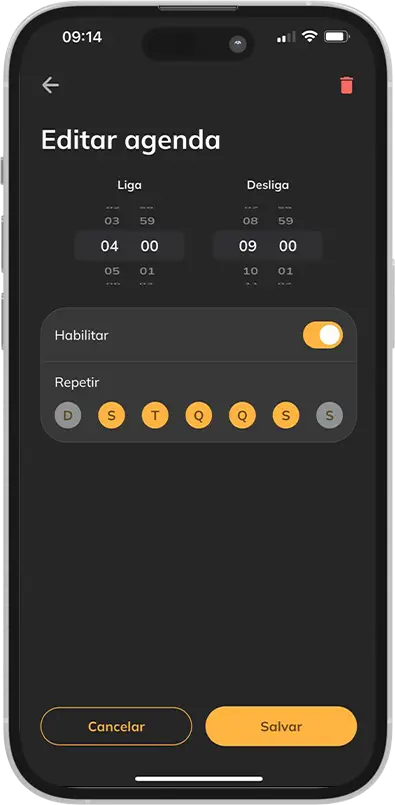 Pantalla de teléfono inteligente que muestra la interfaz de la app Tholz en la sección de edición de agenda, con horarios configurados para encender a las 04:00 y apagar a las 09:00.