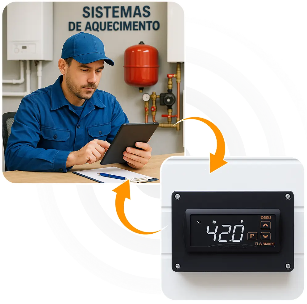 Técnico configurando um sistema de aquecimento com controlador TLS Smart da Tholz.