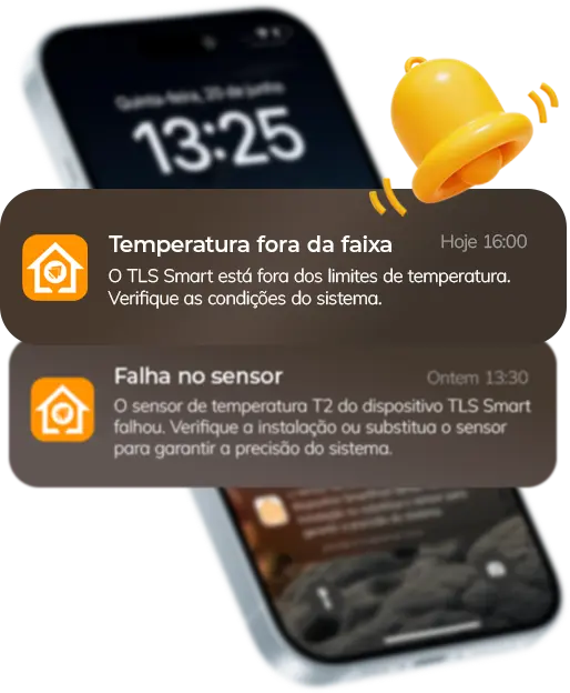 Notificações de alerta no smartphone sobre temperatura e sensor TLS Smart.