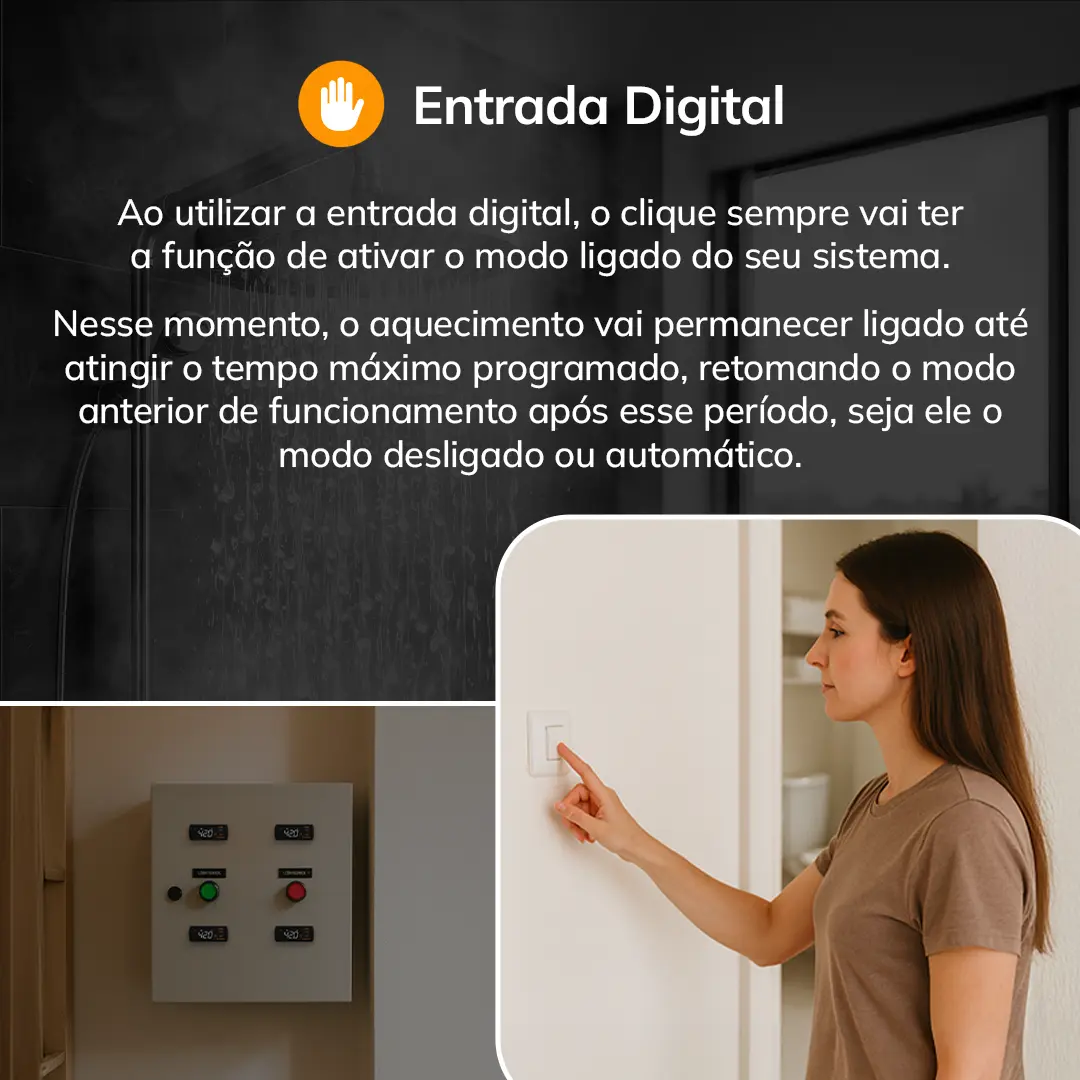 Mulher acionando interruptor de parede para ativar o sistema TLS Smart da Tholz, ilustrando o uso da entrada digital.