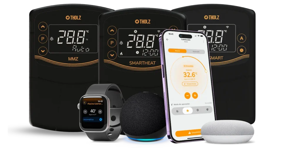 Controladores de calefacción Tholz (MMZ, SmartHeat y Smart), junto con Apple Watch, altavoz inteligente, smartphone con app Tholz y Google Nest Mini.