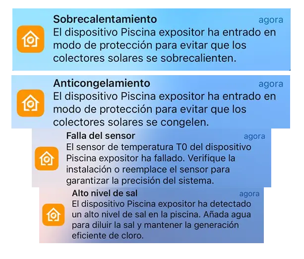 Notificaciones del sistema Tholz mostrando alertas de sobrecalentamiento, anticongelamiento, falla del sensor y alto nivel de sal en el agua de la piscina.