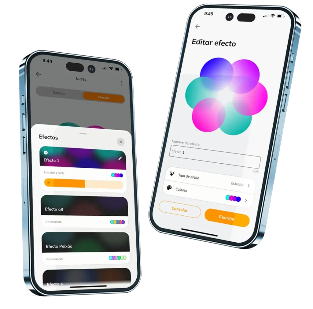 Pantallas de la app Tholz Casa Inteligente mostrando la edición y personalización de efectos de iluminación RGB para piscina.