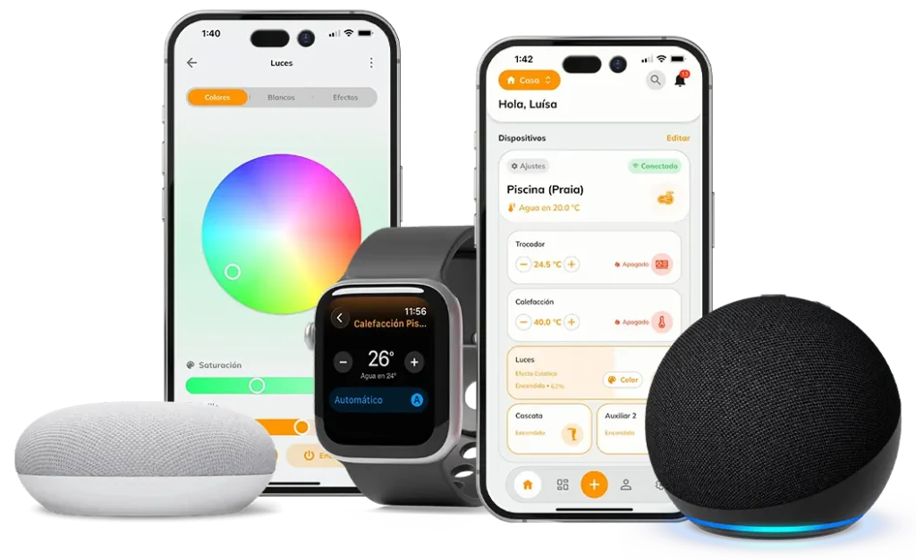 Dispositivos inteligentes Tholz conectados: teléfonos con la app Tholz Casa Inteligente, smartwatch y asistentes de voz Google Nest y Alexa.