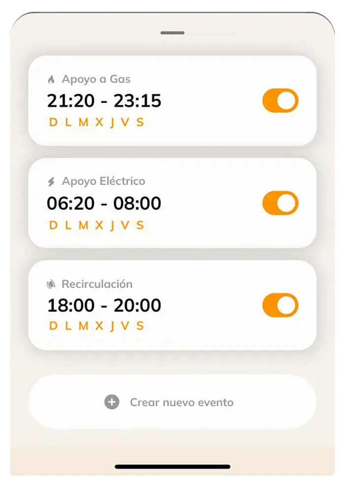 Pantalla de la aplicación Tholz mostrando la programación de eventos automáticos: apoyo a gas, apoyo eléctrico y recirculación, con horarios y días activos.