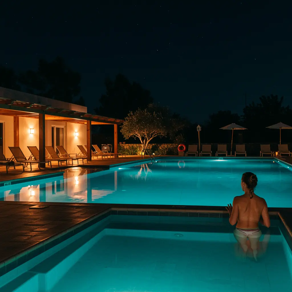 Mulher aproveitando uma piscina iluminada à noite, com luzes subaquáticas em tom azul e ambiente moderno com espreguiçadeiras e iluminação aconchegante ao redor.