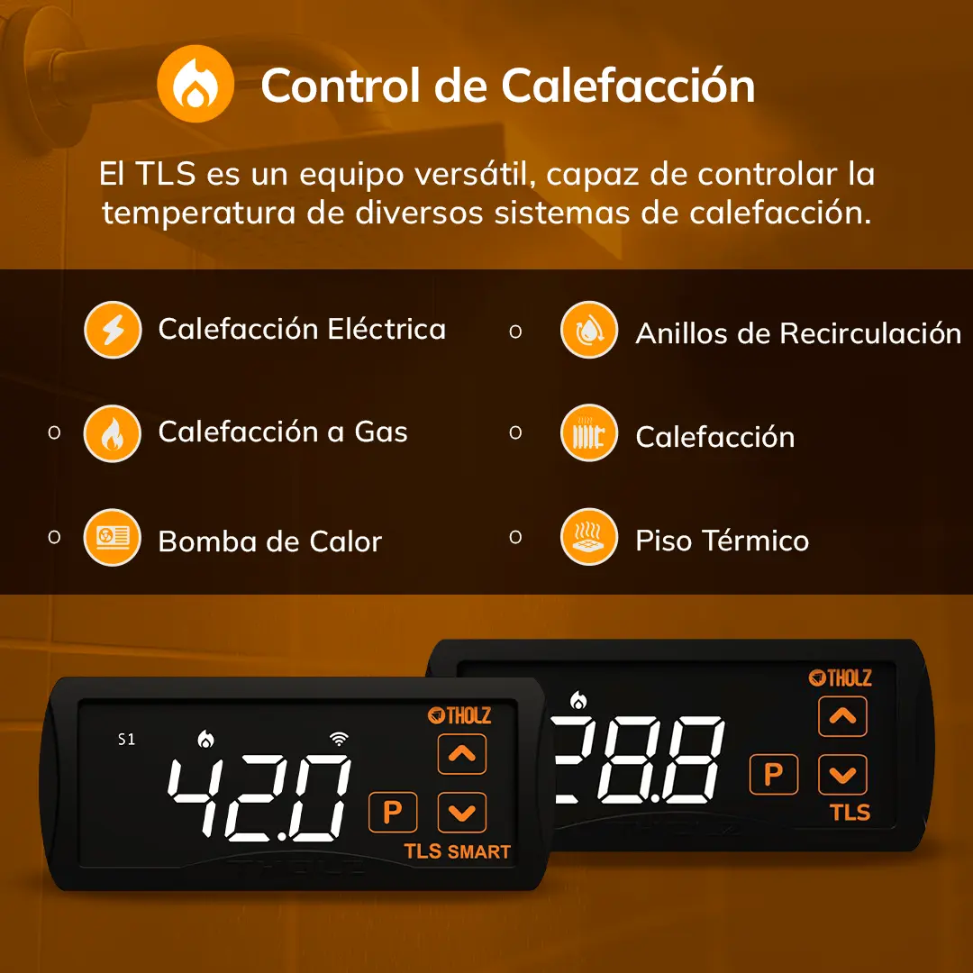 Panel informativo sobre el control de calefacción con TLS de Tholz, que muestra diferentes tipos de sistemas compatibles, con dos controladores digitales TLS en primer plano.